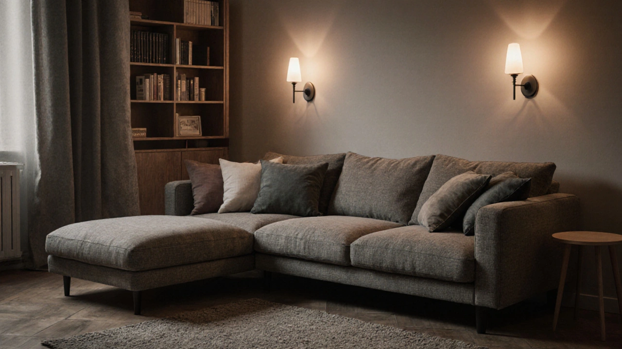 Ein Ecksofa in einer Ecke eines gemütlichen Wohnzimmers mit Bücherregal und Lampe, warm ausgeleuchtet.