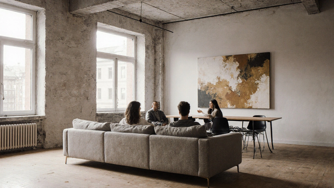 Ein Sofa steht quer im Raum und teilt Wohn- und Essbereich, mit Blick zum Fenster und einem Bild an der Wand.