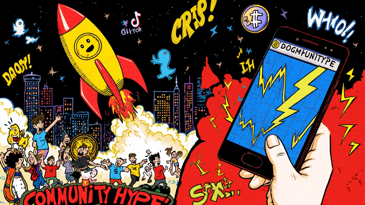 Comic‑Panel: Meme‑Coin‑Rakete steigt, fliegt dann in einen Crash mit wilden Preis‑Grafiken.