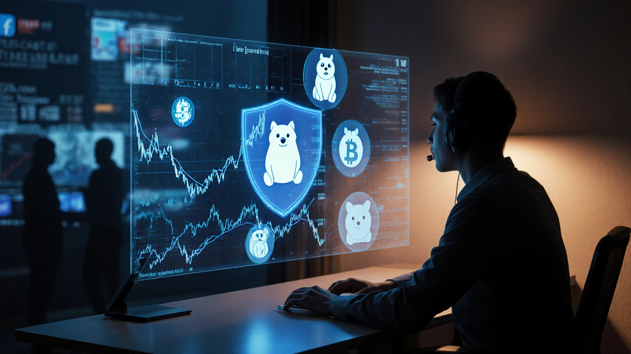 Investor prüft holographische Meme‑Coin‑Charts, geschützt durch einen schimmernden Schild.