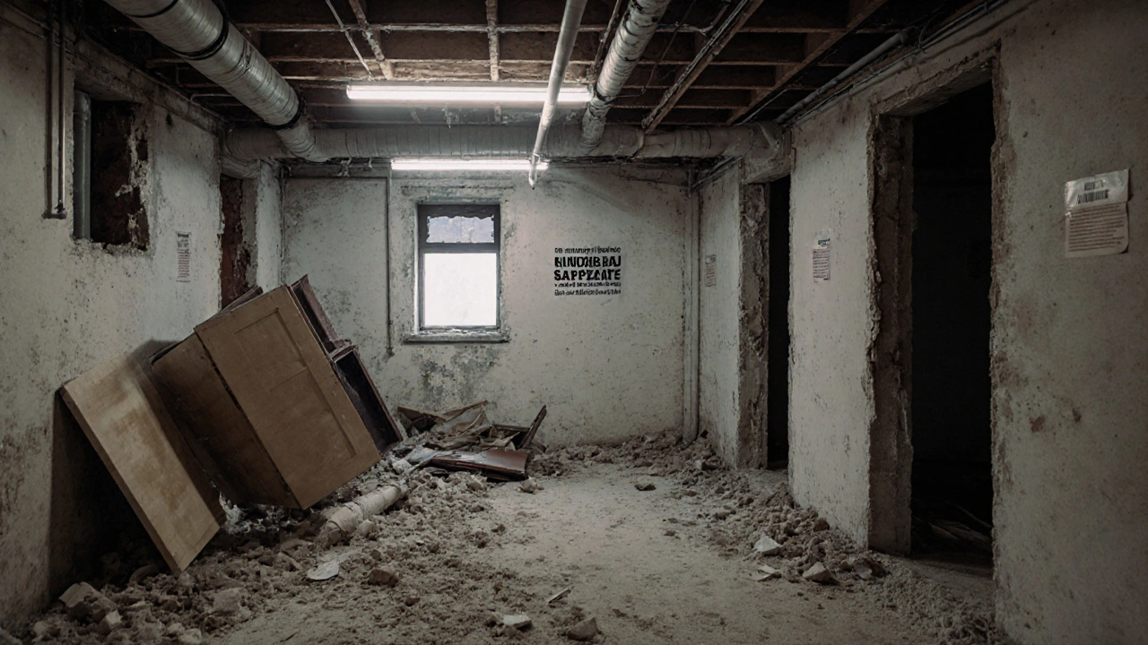 Abgerissener illegaler Kellerwohnraum mit Rückbaubekanntmachung