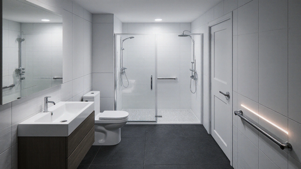 Barrierefreies Bad mit bodengleicher Dusche, unterfahrbarem Waschbecken und Handgriffen.