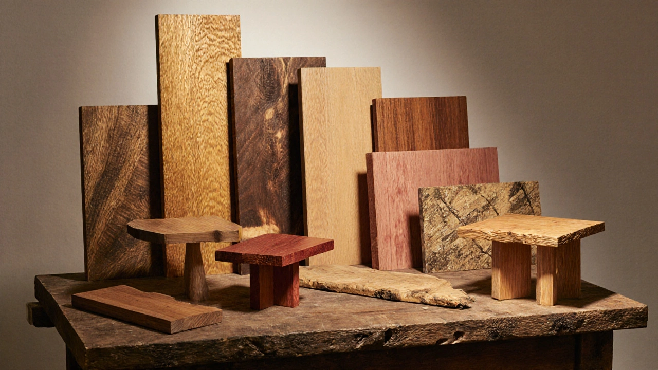 Collage von Holzproben – Eiche, Nussbaum, Bambus, Teak, Kirschbaum, Schichtholz, recyceltes und Olivenholz.