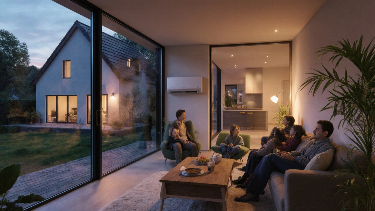 Familie entspannt in energieeffizientem, modernem Wohninterieur.