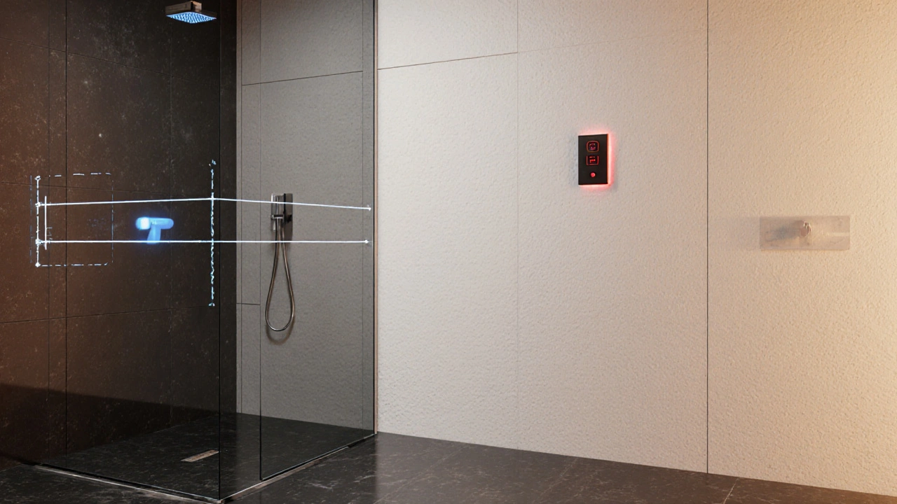 Futuristisches Bad mit unsichtbaren Sensoren, berührungslosen Armaturen und Notruflicht.