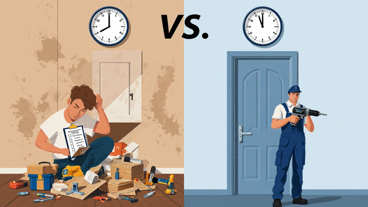 Geteilte Szene: DIY mit Checkliste und 2‑3 Stunden, Profi mit Werkzeug und 45‑90 Minuten, fertige Tür.