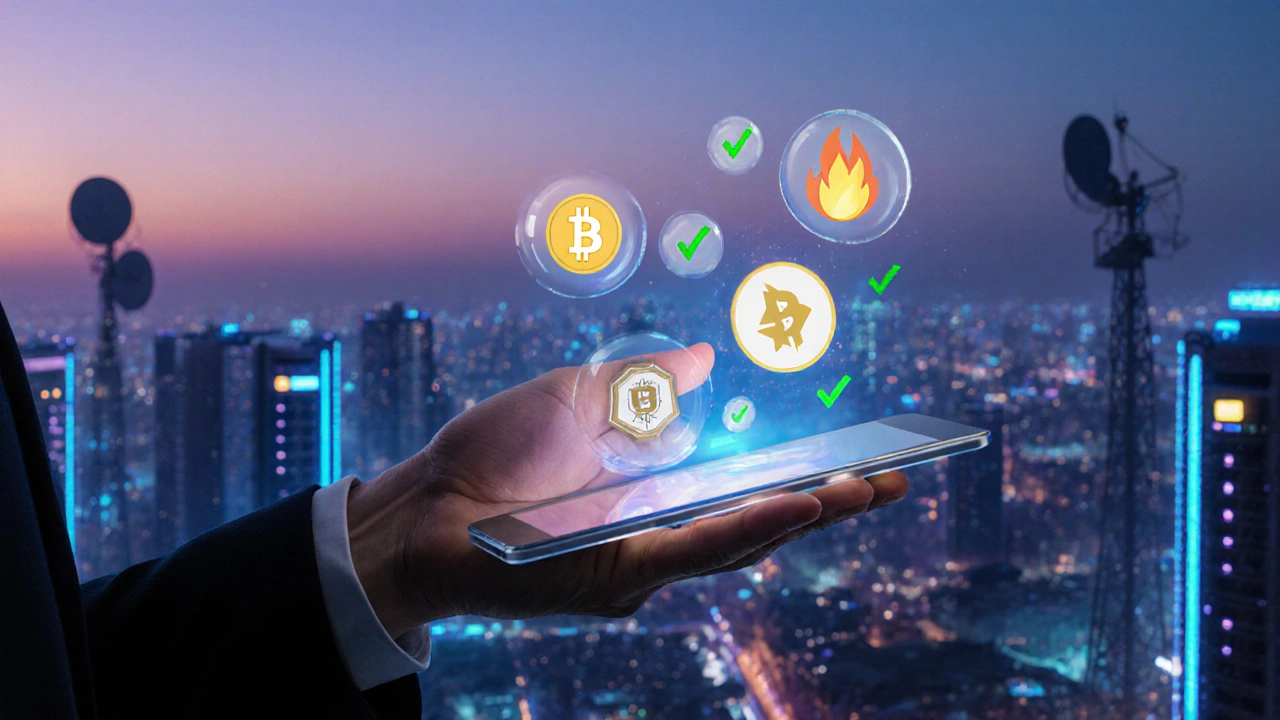 Hand hält ein Tablet mit Token‑Icons und Häkchen, im Hintergrund futuristische Stadt.