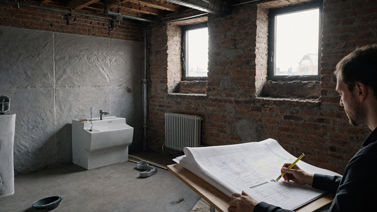 Kellerwohnung mit kleinem Bad und minimalen Fenstern nach Bauvorschrift