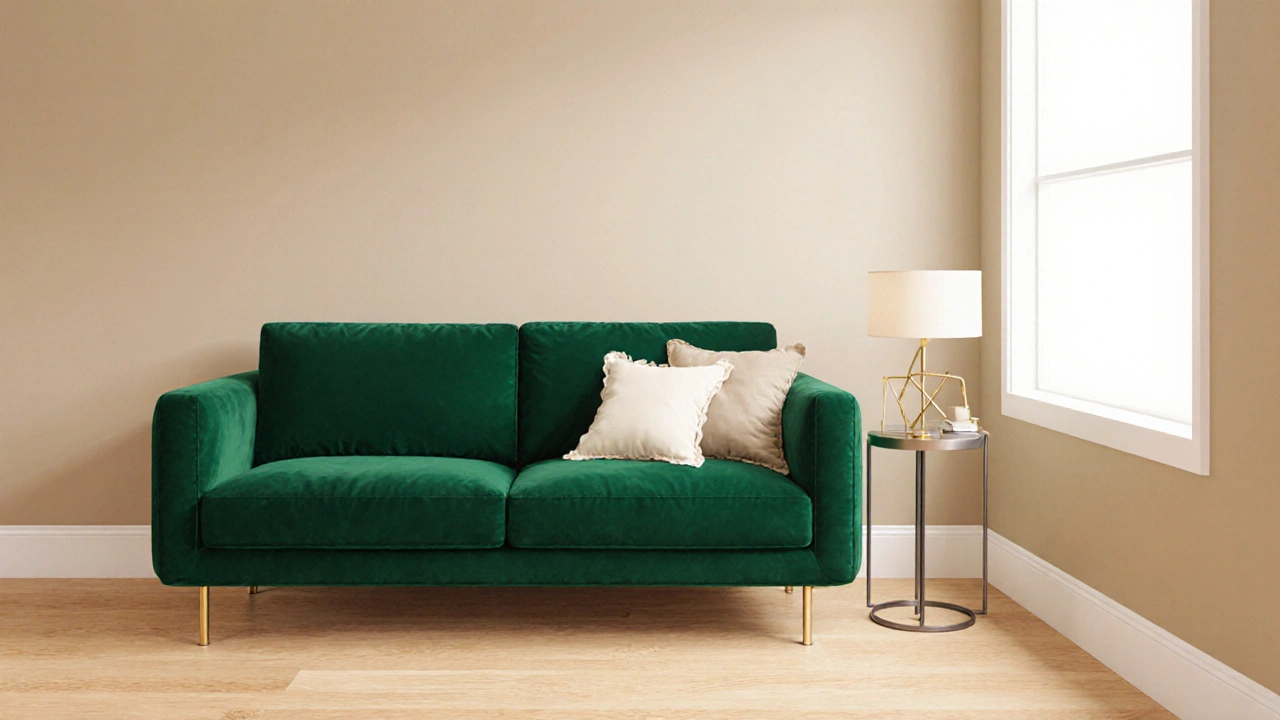 Kompaktes Zimmer mit smaragdgrünem Sofa vor neutralen Wänden, das als Blickfang dient.