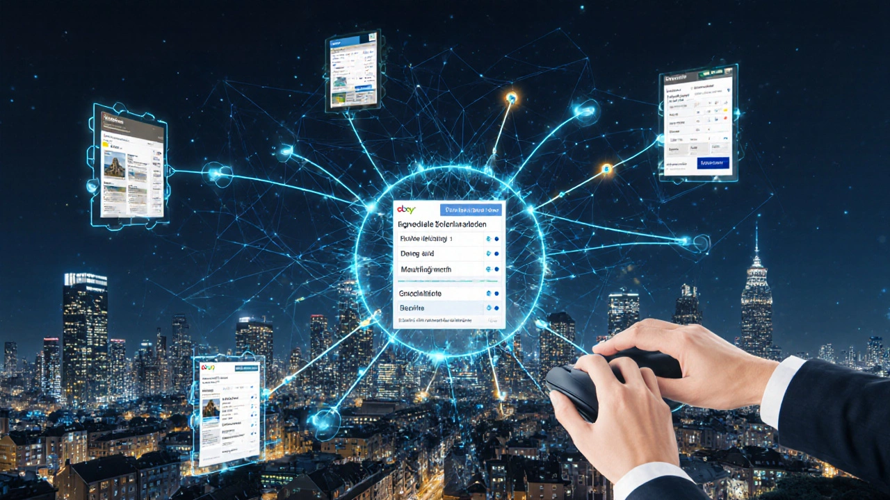 Künstliche Intelligenz analysiert Datenströme aus Immobilienportalen über einer deutschen Stadt.