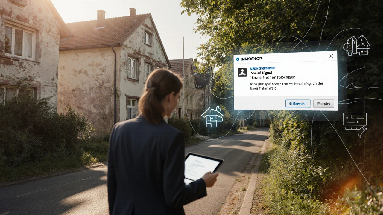 Makler betrachtet ein Haus mit KI-Analyse-Hinweisen auf dem Tablet, basierend auf sozialen Medien-Signalen.