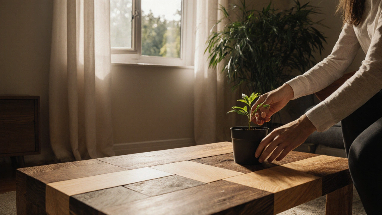 Nachhaltiger Couchtisch aus recyceltem Holz neben einem Topf mit Setzling in einem gemütlichen Wohnzimmer.