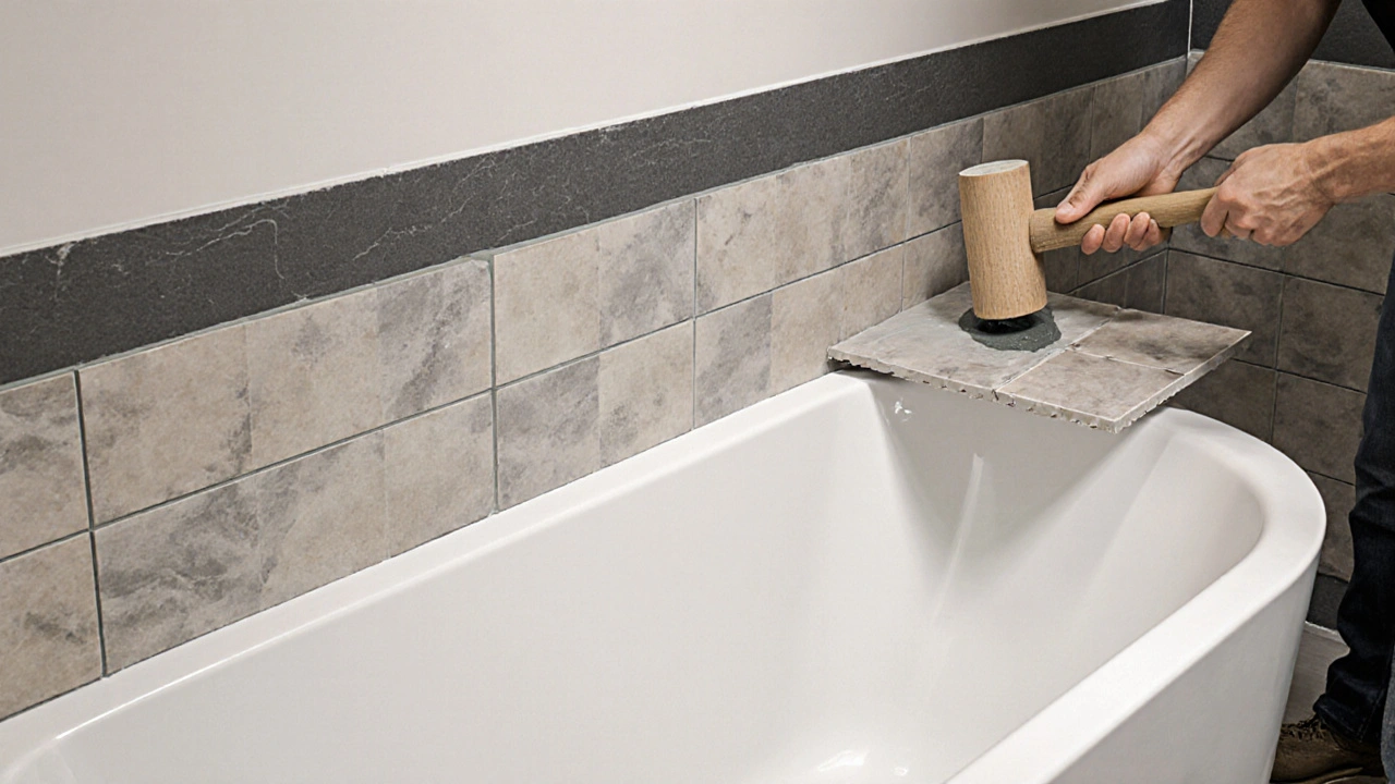 Nahaufnahme des Fliesenlegens um die Badewanne, mit Abdichtungsfolie und Silikon.