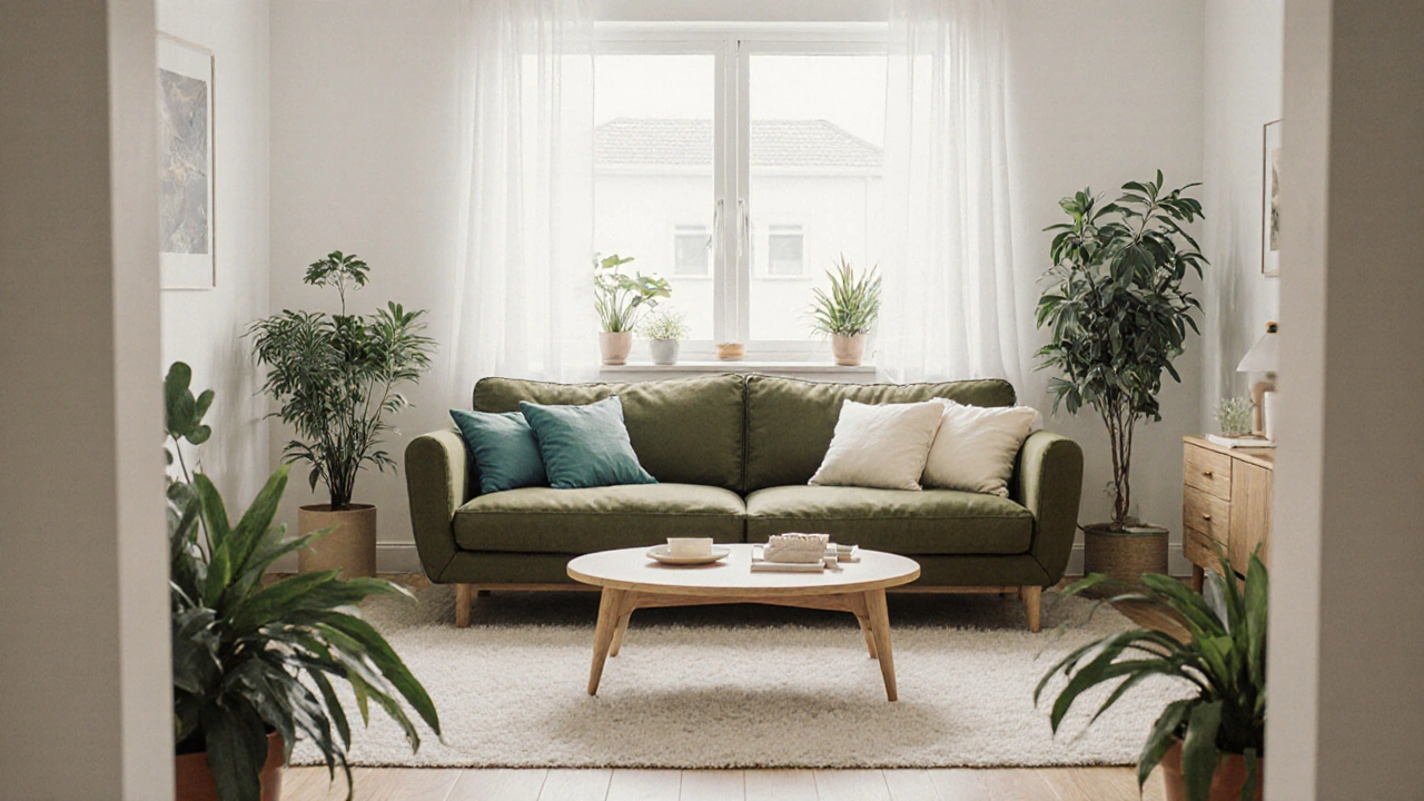 Olivgrünes Sofa aus recycelter Mikrofaser in einem hellen skandinavischen Wohnzimmer mit Holz und Pflanzen.