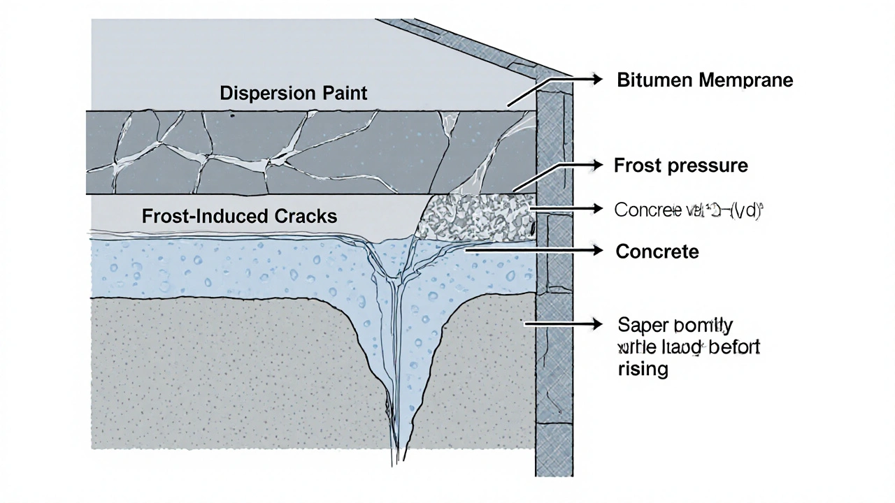 Querschnitt eines Kellers mit falschen Abdichtungsmaterialien und Wasserdruck