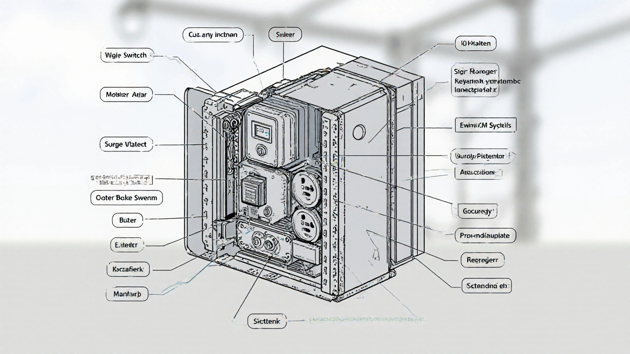 Schnittansicht eines Baustromverteilers mit innenliegenden Komponenten wie Hauptschalter, Zähler und Überspannungsschutz.