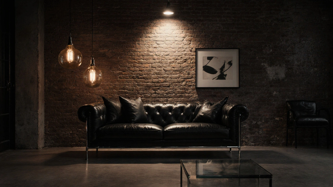 Schwarzes Ledersofa mit Metall‑ und Glasbeinen in einem industriellen Loft mit rohem Backstein.
