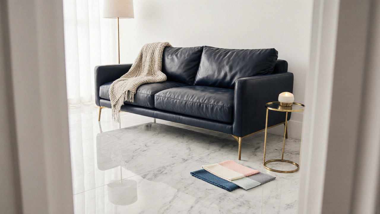 Stimmungsvolles Setup: dunkles Sofa in hell erleuchtetem Raum, kombiniert mit Holzfußboden und leichten Dekorakzenten.