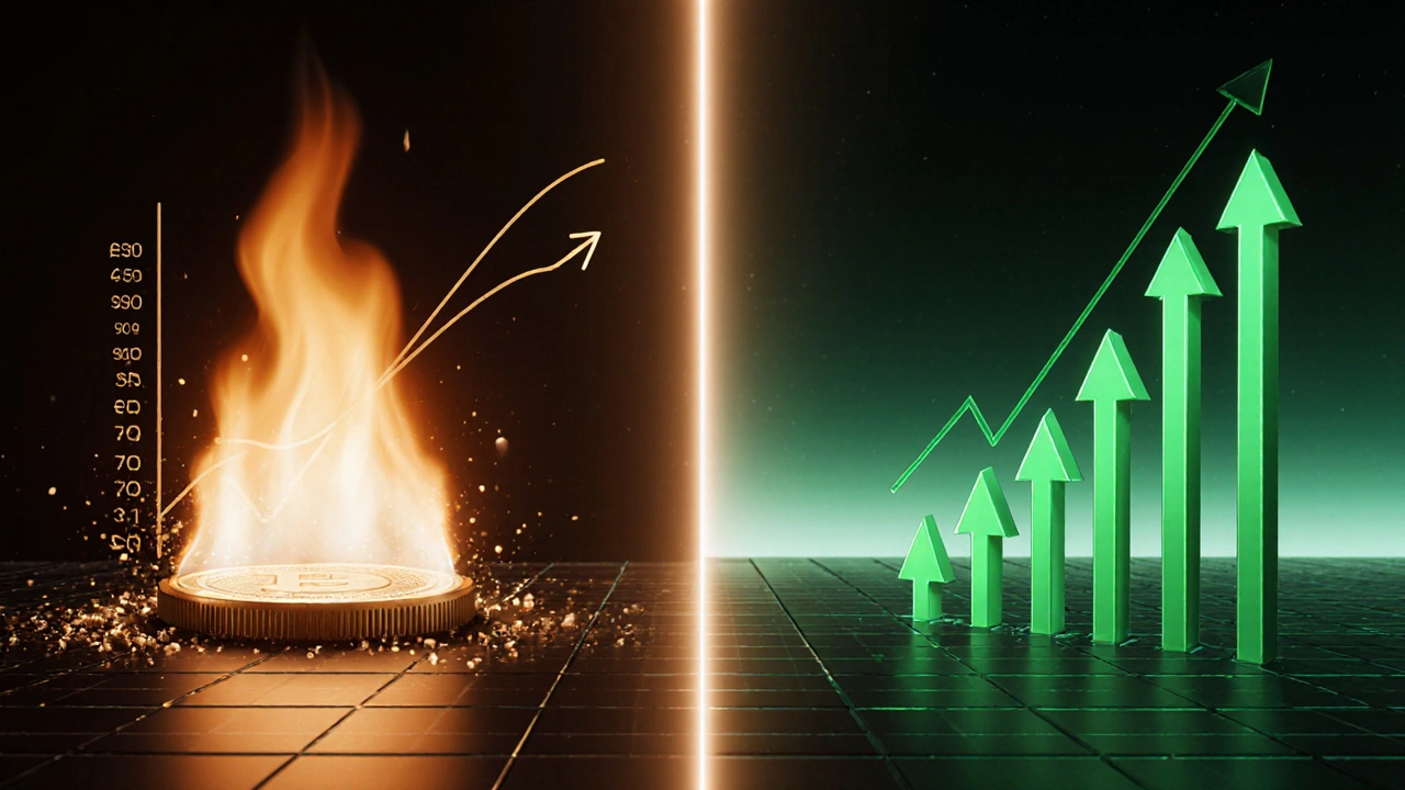 Teilbild zeigt links einen deflationären Token mit Brennelement, rechts einen inflationären Token mit Emissionspfeilen.