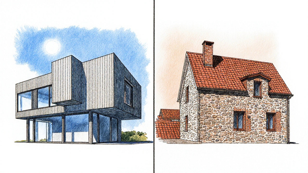 Vergleich Haus: modernes Fertighaus neben traditionellem Massivhaus.