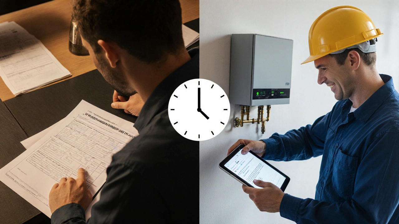 Vergleich: Links verzögerter Bau wegen Papierantrag, rechts schnelle Installation mit digitalem Anbieter und zufriedenem Bauherrn.