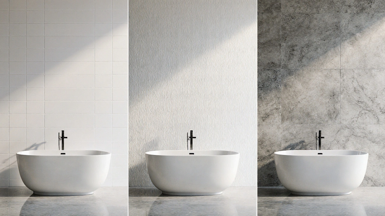 Vergleich von drei Wandoberflächen – Fliesen, Kunststoffpaneele, Betonoptik – um die Badewanne.