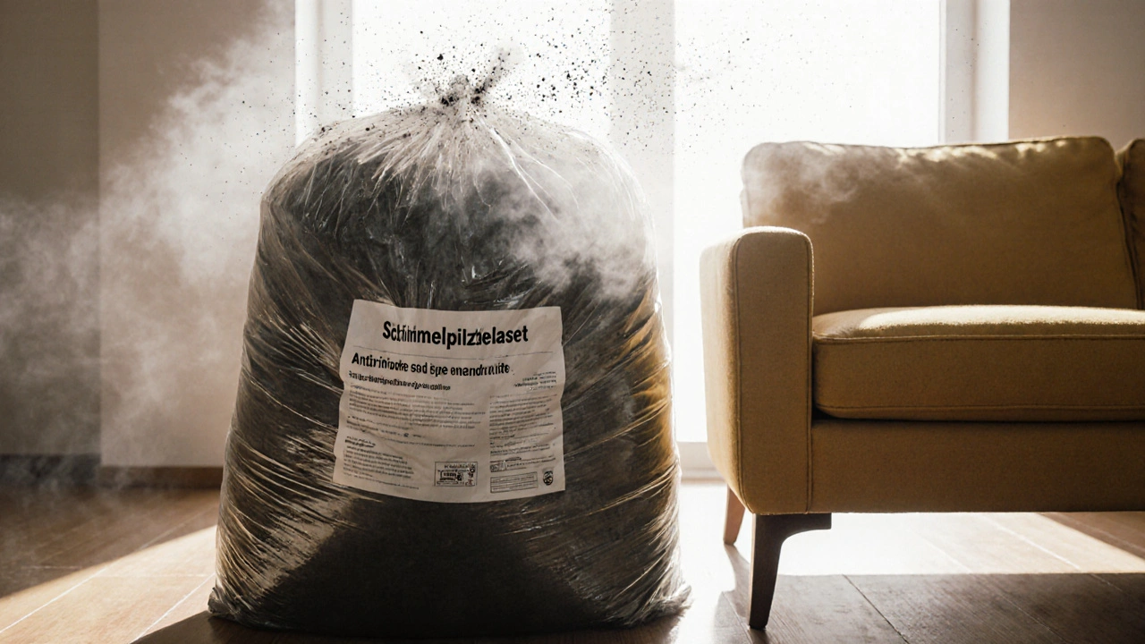 Verschlossener Müllsack mit schimmelbelastetem Möbel neben neuem, schimmelresistentem Möbelstück.