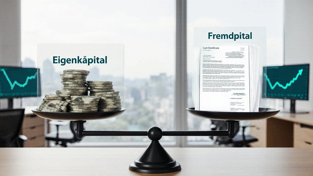 Waage mit Eigenkapital und Fremdkapital in einer deutschen Bankfiliale.