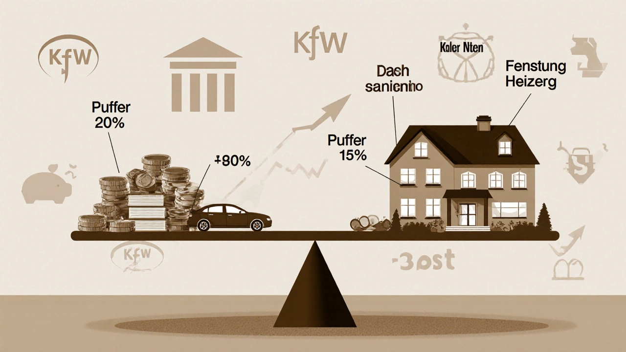 Waage zeigt Eigenkapital gegenüber Sanierungskosten mit Förderungssymbolen.