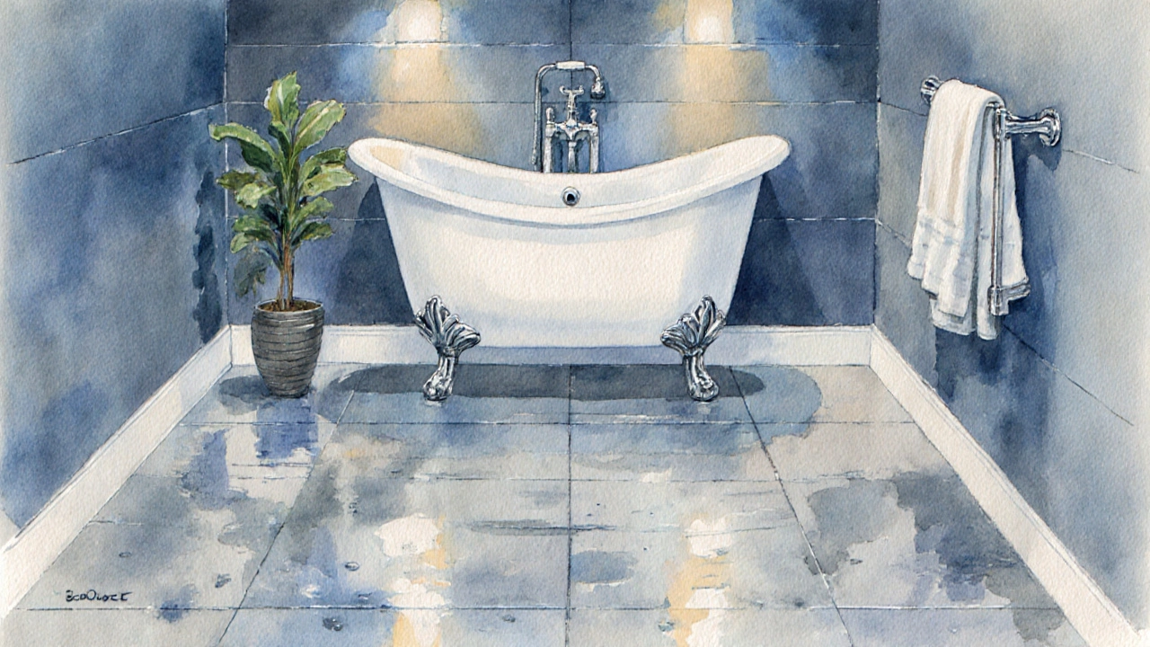 Wasserfarben‑Bild eines fertigen Badezimmers mit Badewanne auf rutschfester Fliesenfläche.