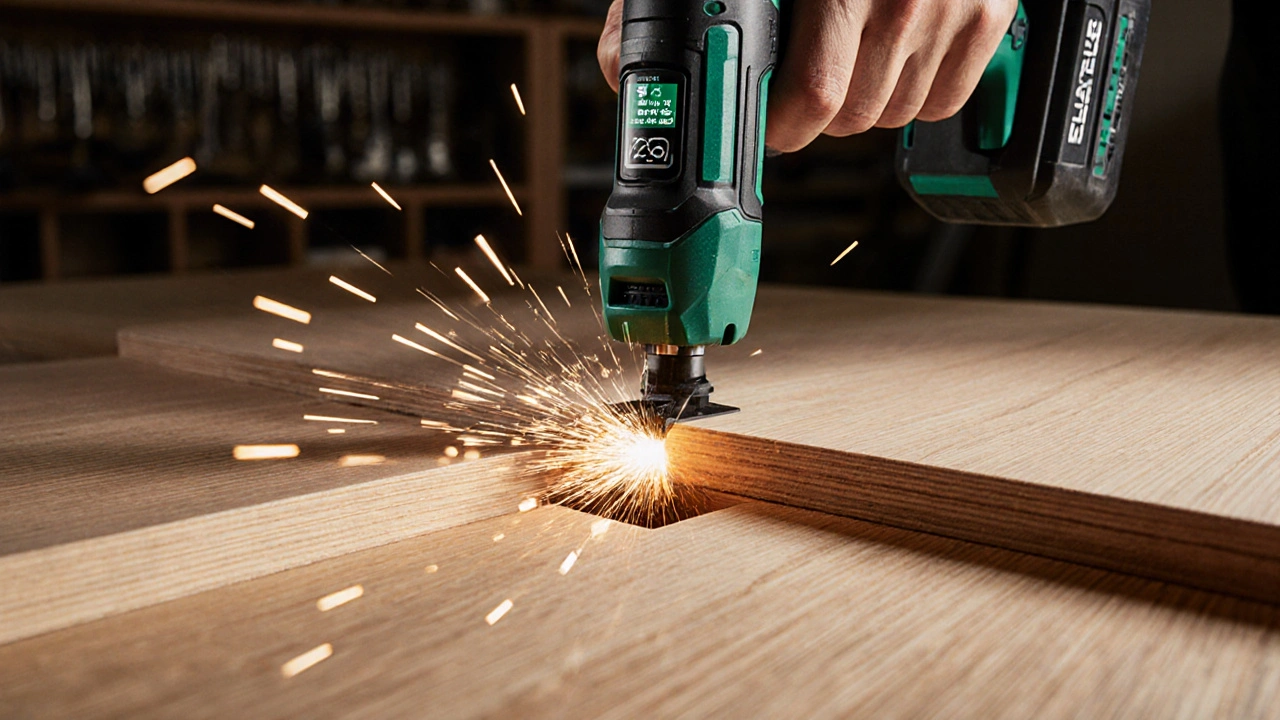 Akkubetriebene Kantenfräse fräst eine präzise V-Nut in Parkett mit sichtbarer Feinheit.