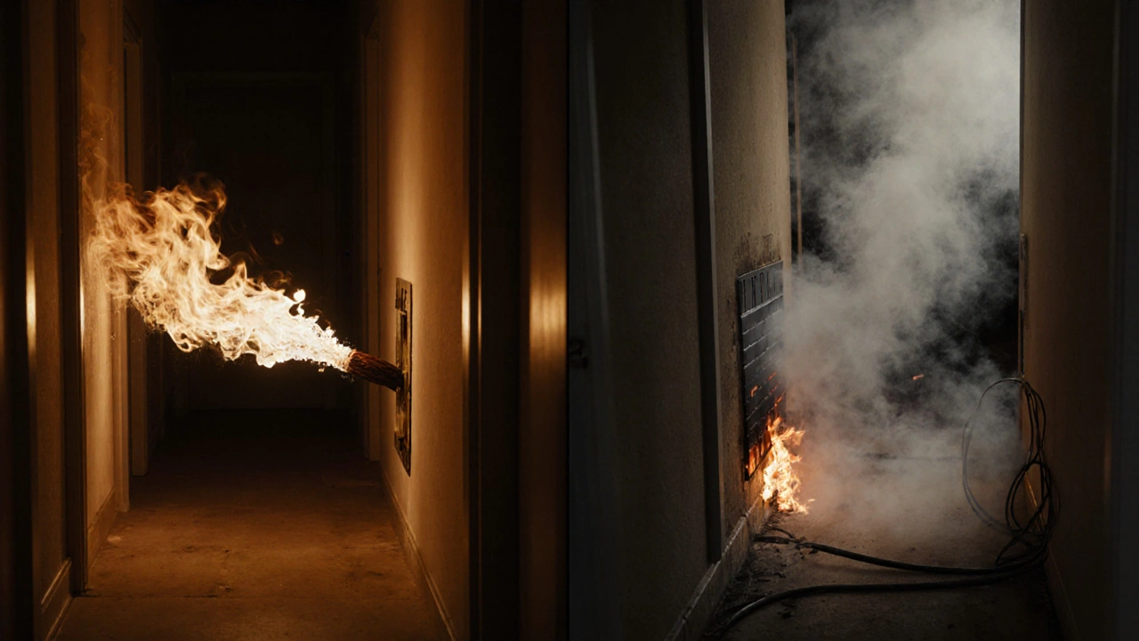 Aufgespaltenes Bild: links Ausbreitung eines Elektrobrandes, rechts begrenzter Schaden durch feuerbeständige Kabel und Abschottung.