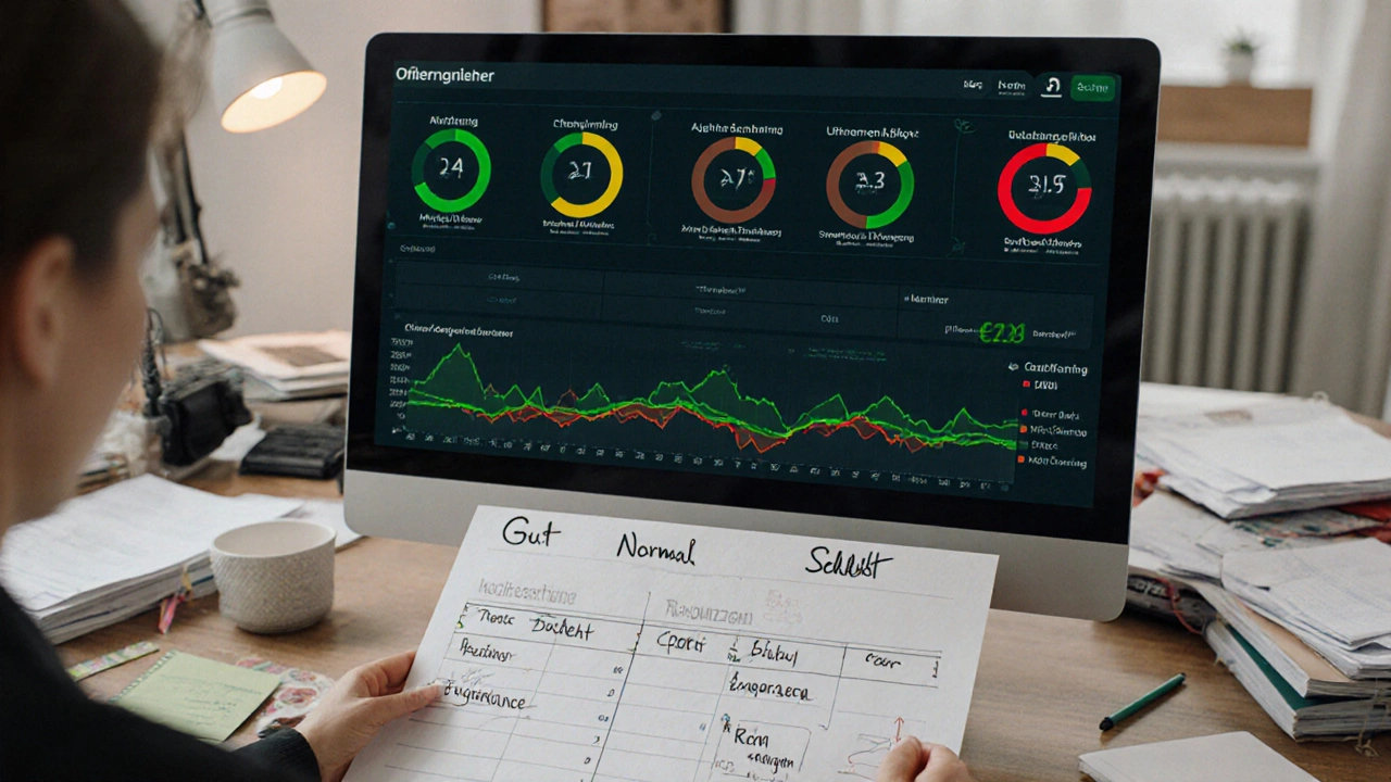 Digitaler Cashflow-Dashboard mit Farbcodes und drei Finanzszenarien auf einem Schreibtisch.