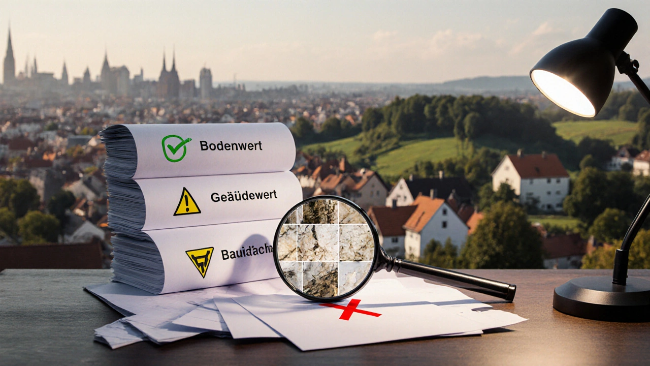 Drei Immobilienpapiere mit Symbolen für Wert, Mängel und Marktunterschiede, ein Lupe zeigt Schadensdetails.