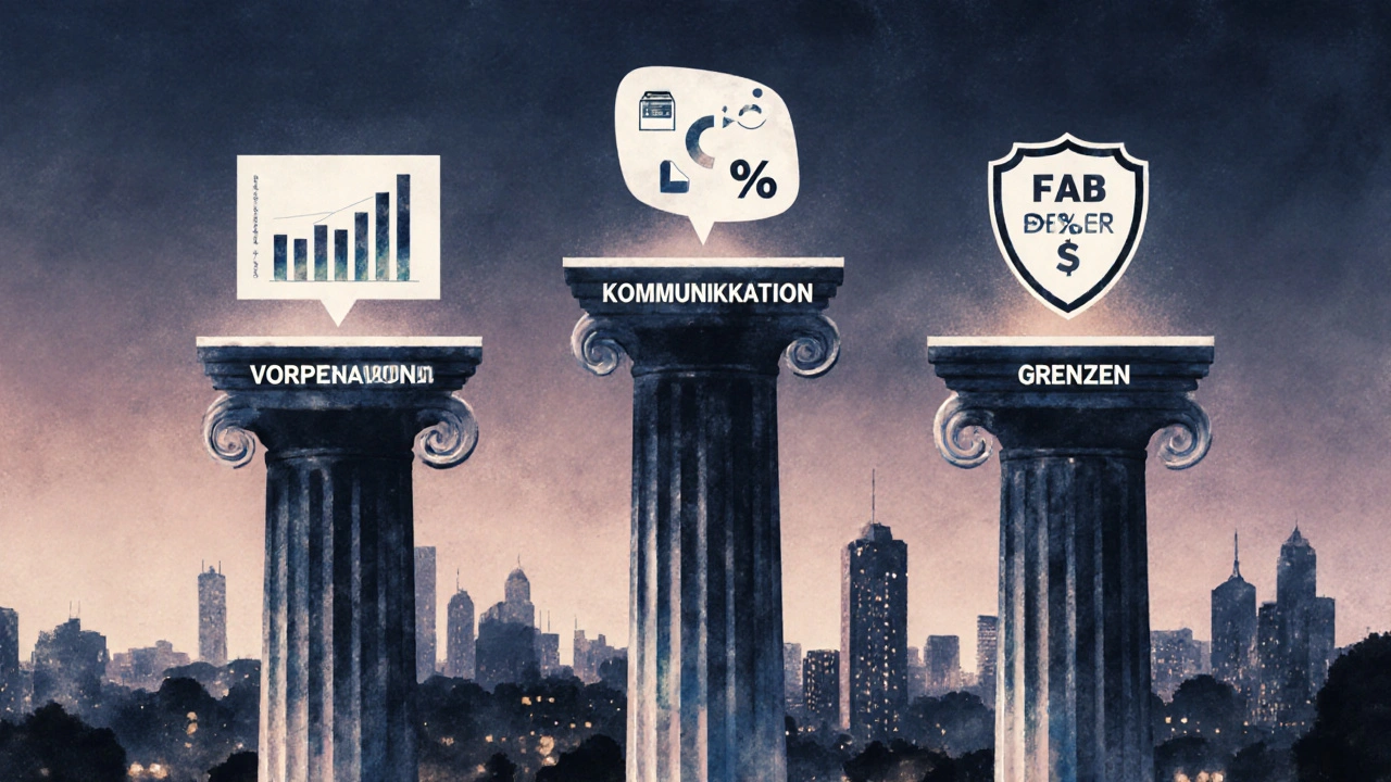 Drei symbolische Säulen für Vorbereitung, Kommunikation und Grenzen in einer deutschen Stadtlandschaft.