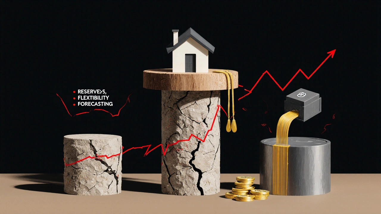 Dreisäulige Struktur aus Stein, Holz und Stahl trägt ein Haus, Energiepreise steigen in Rot.