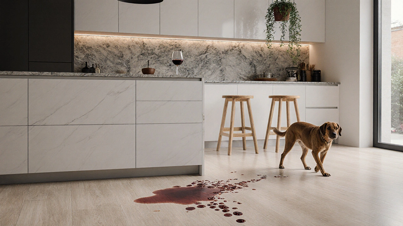 Ein 2K-Lackboden mit Öl-Optik in einer modernen Küche, der einen verschütteten Rotwein abweist.