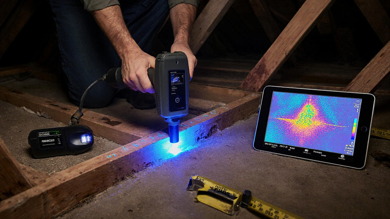 Fachmann behandelt einen Balken mit Mikrowellengerät in einem alten Keller.