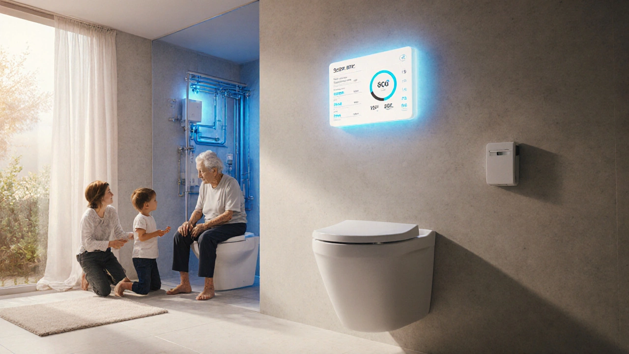 Familie nutzt ein höhenverstellbares Hänge-WC mit integrierter Smart-Technik in einem modernen Bad.