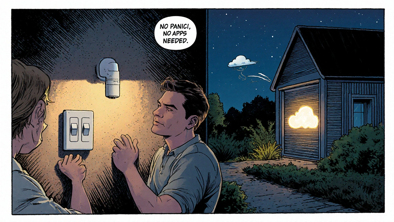 Familie steuert Licht und Rollläden per Taster während eines Stromausfalls, während eine Cloud-Server-Instanz erlischt.