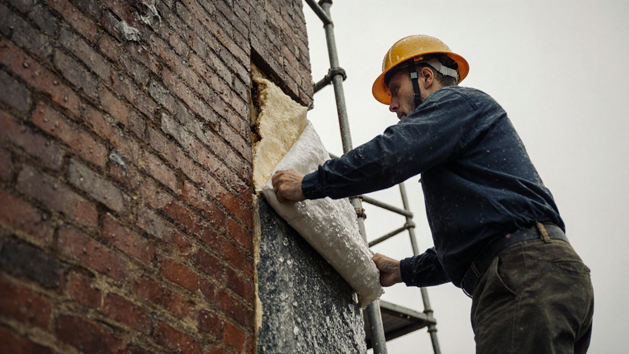 Fehlerhafte Dämmung mit eingefangener Feuchtigkeit hinter der Fassade