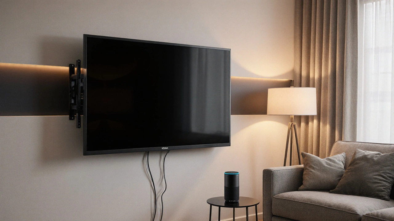 Fernseher dreht sich von der Wand zur Sofa-Position, Kabel sind unsichtbar versteckt.