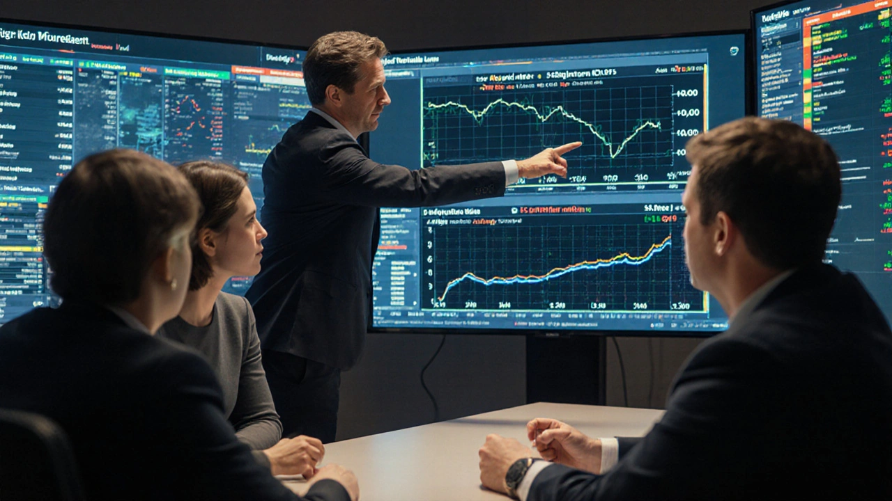 Finanzteam analysiert Live-Daten in einem War Room mit digitalen Dashboards für Liquiditätsprognosen.