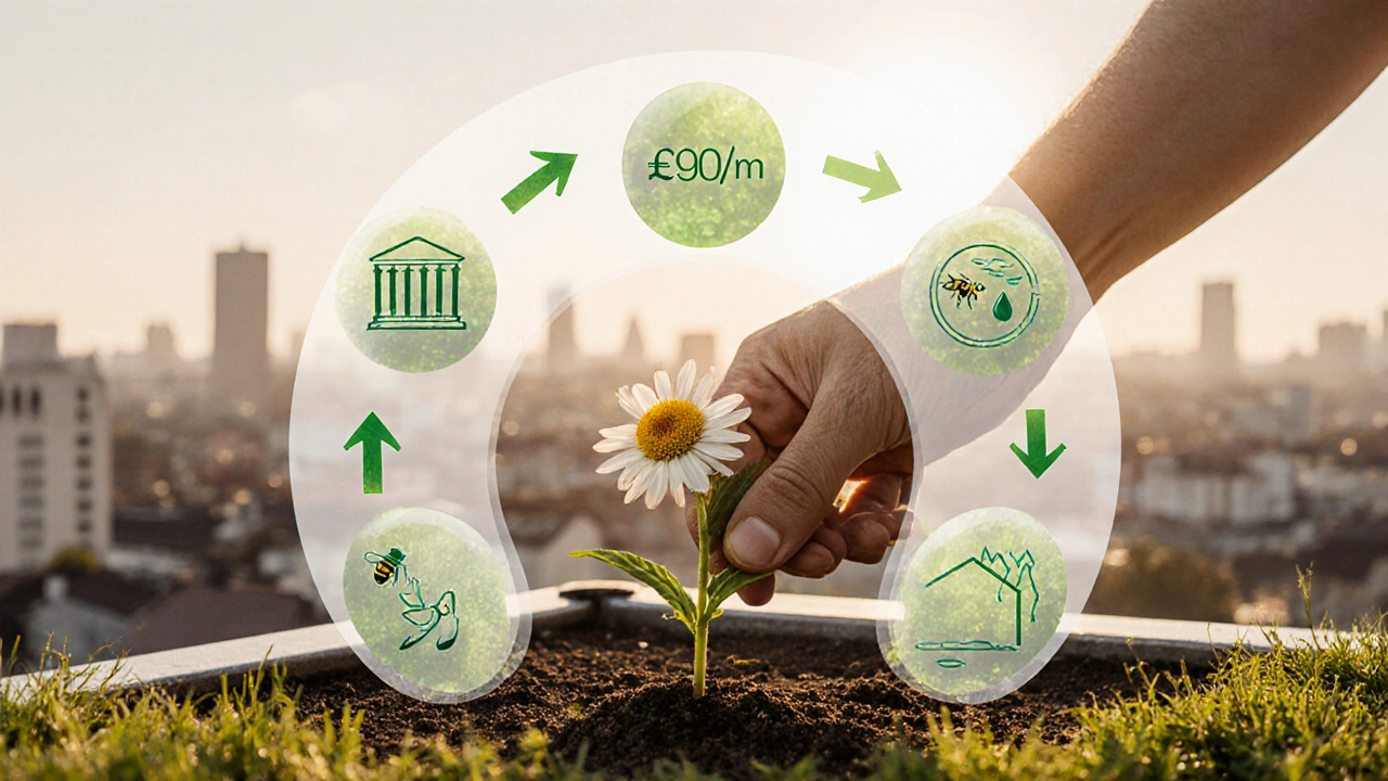 Hand pflanzt Wildblume in Gründachsubstrat, finanzielle und ökologische Förderströme als durchscheinende Symbole.