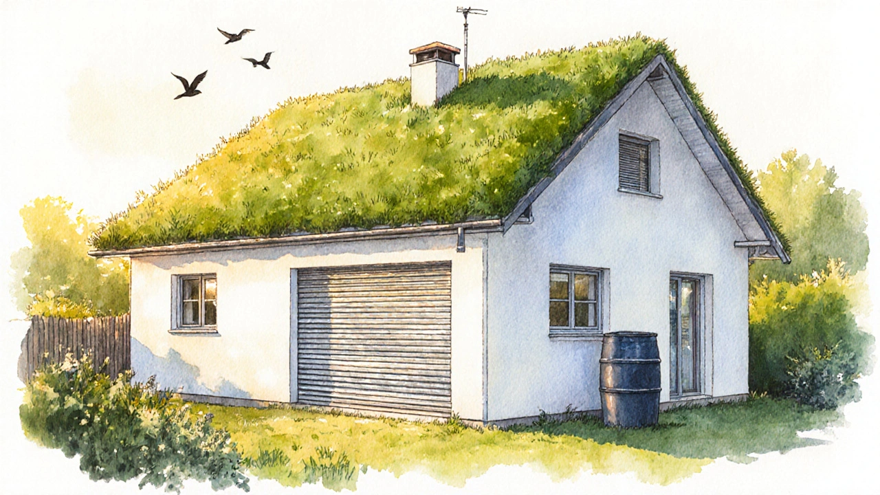 Haus mit begrüntem Dach und hellen Fassaden, Außenjalousien und Regenwasserfass bei sonnigem Wetter.