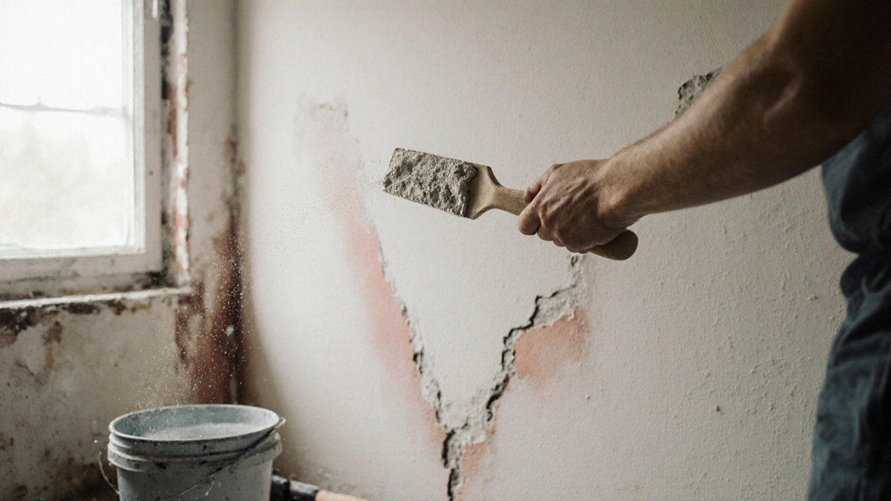 Jemand füllt einen V-förmigen Riss mit Spachtelmasse mit einem breiten Spachtel.