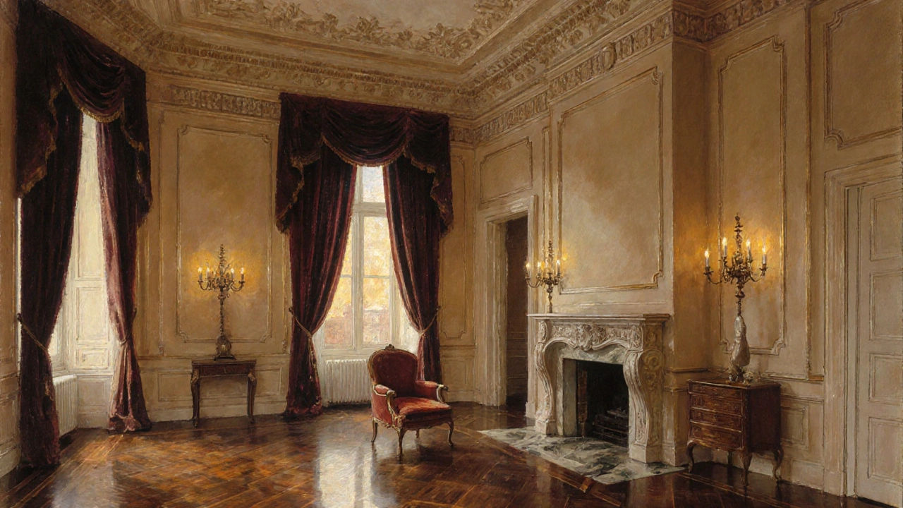 Klassisches Wohnzimmer mit Stuckverzierung, dunklem Holzboden und kupfernen Leuchten im warmen Licht.