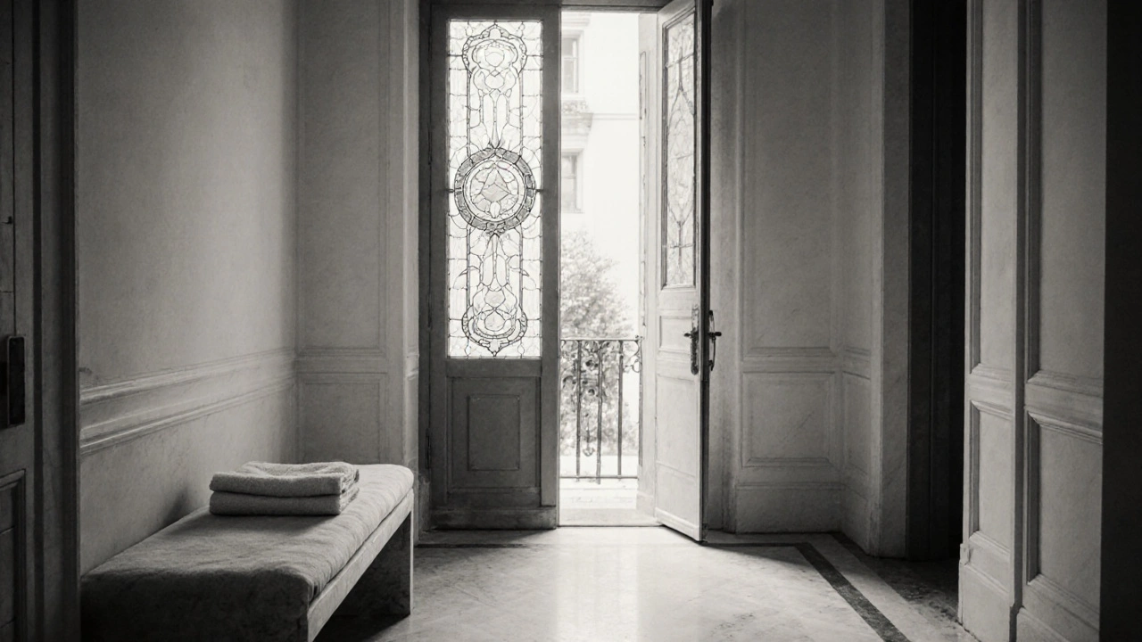 Leerer Flur in einem historischen Wiener Stadthaus mit einem Handtuch auf der Bank und einem offenen Türbogen.