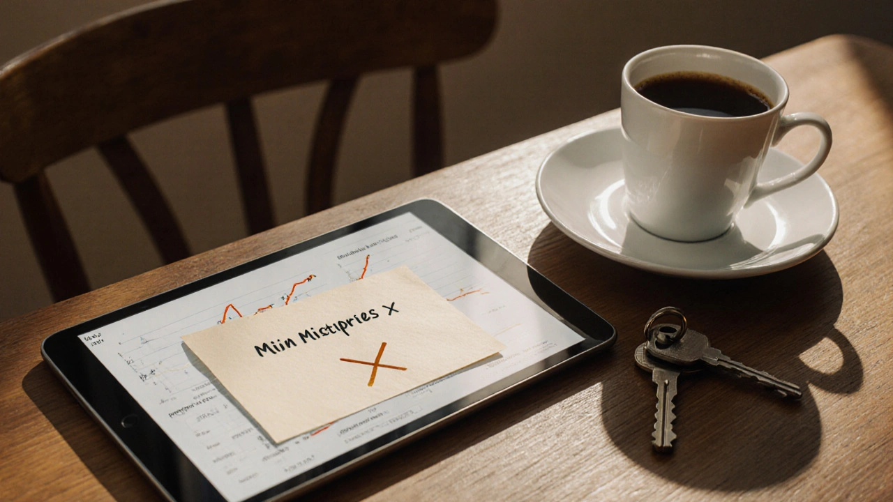 Leerer Stuhl mit Notiz zum Mindestpreis, Kaffeetasse und Tablet auf einem Holztisch bei morgendlichem Licht.