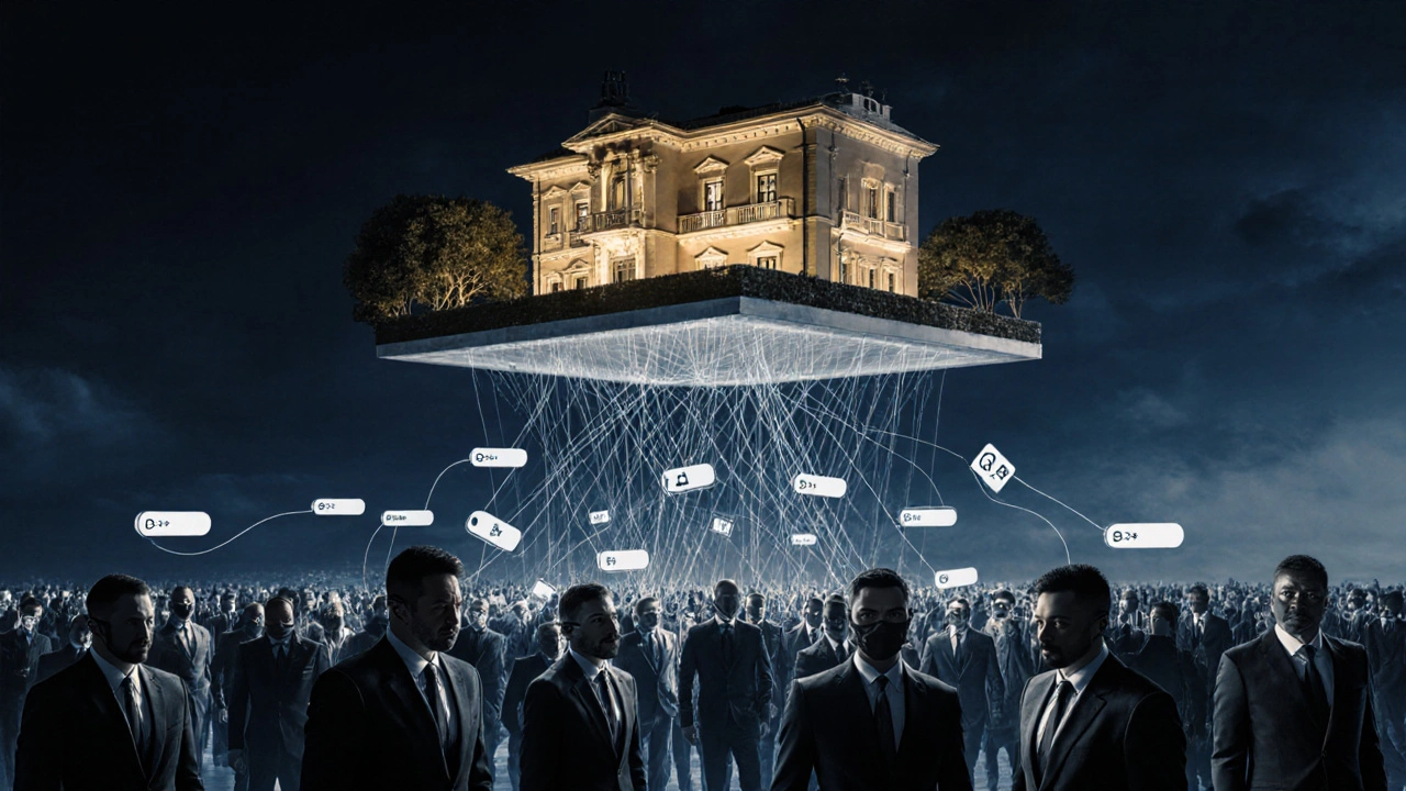 Luxusvilla schwebt über einem Netzwerk unsichtbarer Verbindungen zu anonymen Käufern in dunklem, eleganter Atmosphäre.